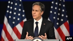 美国国务卿布林肯在乔治·华盛顿大学发表美国对华政策演讲。（法新社2022年5月26日）