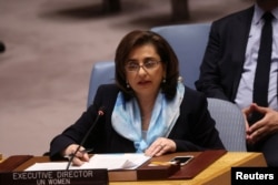 Sima Bahus, izvršna direktorka U.N. Women, tokom sednice Saveta bezbednosti, 11. april 2022. (Foto: Reuters/Brendan McDermid)