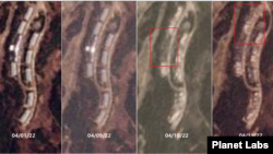 북한 금강산 골프장 동쪽 지대에 위치한 숙박단지를 위성 촬영한 사진. 지난 1일(왼쪽부터)과 9일까지만 해도 전반적으로 온전한 모습이지만 10일 중심부 건물(왼쪽 붉은 사각형 안)이 사라지고 11일에는 북쪽 2개 동(오른쪽 붉은 사각형 안)이 철거된 모습이다. 다른 건물들도 지붕이 뜯겨진 정황이 보인다. (자료=Planet Labs)