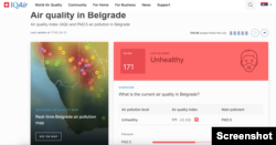 Skrišot stranice sajta Ikuer (IQAir) prema kom je vazduh u Beogradu nezdrav, 31 oktobra 2022.