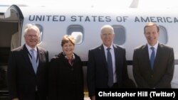 US senators Jeanne Shaheen, Thom Tilis and Chris Murphy at Belgrade airport with US ambassador in Serbia, Christopher Hill.