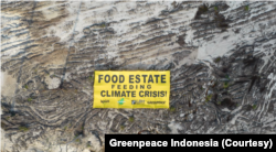 Kampanye yang dilakukan sejumlah aktivis lingkungan terkait kritik terhadap proyek lumbung pangan di Kalimantan Tengah, Kamis 11 November 2022. (Courtesy: Greenpeace Indonesia)