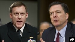 From left, National Security Agency chief Admiral Michael Rogers and FBI Director James Comey will testify publicly about whether there is any truth behind the explosive, but unsubstantiated, claim by U.S. President Donald Trump that former President Bara