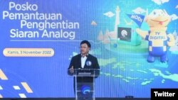 Penghentian siaran analog menuju siaran digital untuk wilayah Jabodetabek, 3 November 2022. Menkominfo Johhny G Plate mengucapkan terima kasih kepada stasiun tv yang telah mempersiapkan proses Analog Switch Off ini dengan baik. (Twitter/kemkominfo)
