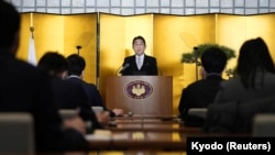 日本首相岸田文雄在新年记者会上讲话。（2023年1月4日）