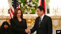 Wakil Presiden AS Kamala Harris (kiri) berjabat tangan dengan Perdana Menteri Jepang Fumio Kishida sebelum mengadakan pertemuan bilateral di Istana Akasaka di Tokyo, pada 26 September 2022. (Foto: Pool Via AP/David Mareuil)