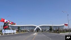 This handout photo released by Foreign Ministry of Uzbekistan shows the palace where the summit of the eight-nation Shanghai Cooperation Organization, led by China and Russia, will take place in Samarkand, Uzbekistan.