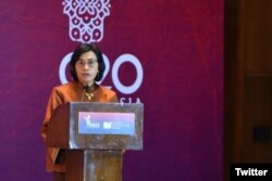 Menteri Keuangan RI Sri Mulyani dalam pertemuan para menteri keuangan dunia G20 di Bali, 14 Juli 2022. (Twitter/KemenkeuRI)