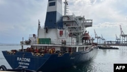 FILE - This handout picture taken and released by the Turkish Defense Ministry press office on Aug. 1, 2022, shows the Sierra Leone-flagged dry cargo ship Razoni, carrying a cargo of 26,000 metric tons of corn, departing from the Black Sea port of Odesa, Ukraine. 