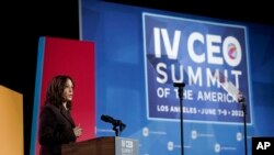Vice President Kamala Harris speaks at the CEO summit during the Summit of the Americas in Los Angeles, June 8, 2022.