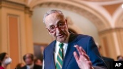 FILE - Pemimpin fraksi Demokrat di Senat Chuck Schumer, ketika berbicara pada wartawan di Gedung Capitol, 5 April 2022.