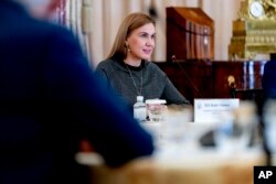 European Commissioner for Energy Kadri Simson speaks during a meeting with Secretary of State Antony Blinken, Energy Secretary Jennifer Granholm, and European Union High Representative for Foreign Affairs and Security Policy Josep Borrell Fontelles, at th