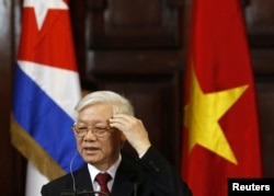 Vietnam's Communist Party Secretary General Nguyen Phu Trong addresses the audience at the University of Havana, in Havana, Cuba, March 29, 2018.