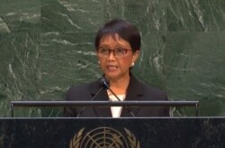 Menlu RI Retno Marsudi memberikan pidato pada Sidang Majelis Umum PBB yang membahas situasi Palestina-Israel di New York, Kamis 20/5 (Foto: tangkapan layar courtesy: UNTV)