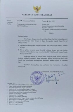 Surat Gubernur Sumbar Irwan Prayitno yang ditujukan kepada Menkominfo Johnny G Plate agar menghapus aplikasi Alkitab bahasa Minang di Google Play Store.