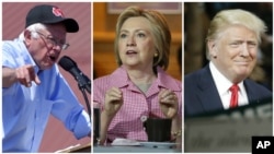 Kandidat Capres AS dalam Pilpres 2016, dari kiri: Bernie Sanders (Demokrat), Hillary Clinton (Demokrat), dan Donald Trump (Republik).