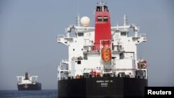 A damaged Andrea Victory ship is seen off the Port of Fujairah, United Arab Emirates, May 13, 2019.