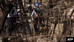 Anggota tim pencarian dan pemulihan, didampingi oleh anjing-anjing pelacak, memeriksa bangunan dan mobil yang hangus setelah Kebakaran Maui di Lahaina, Maui Barat, Hawaii, 17 Agustus 2023. (Foto: AFP)