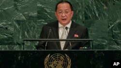 朝鲜外相李勇浩在联合国总部第72届联大上发言。（2017年9月23日）