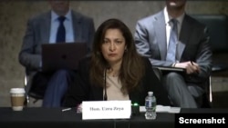 国务院负责民事安全、民主和人权事务的副国务卿泽雅（Uzra Zeya）2022年6月15日出席美国国会暨行政当局中国委员会（CECC）听证会。(听证会视频截图)