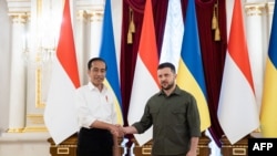Presiden Ukraina Volodymyr Zelensky (kanan) dan mitranya Presiden Joko Widodo berjabat tangan dalam konferensi pers di Kyiv, Ukraina, 29 Juni 2022. (AFP)
