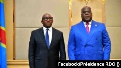 Jean-Michel Sama Lukonde, Ministre wa Yambo ya sika na RDC (G) na président Félix Tshisekedi na Palais de la nation, Kinshasa, 18 mars 2021. (Facebook/Présidence RDC)