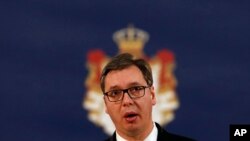 Predsednik Srbije Aleksandar Vučić na konferenciji za štampu u Beogradu, nakon ubistva lidera Srpske liste SDP Olivera Ivanovića u severnom delu Kosovske Mitrovice, 16. januara 2018.