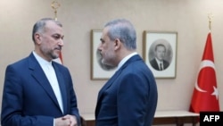 2023年11月1日，伊朗外交部长侯赛因·阿米尔-阿卜杜拉希扬（左）在安卡拉会见土耳其外交部长哈坎·菲丹。（法新社照片）