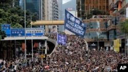 抗议者们手持旗帜在香港游行，要求香港独立。（2019年7月7日）