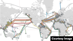 The world’s undersea cables, image courtesy of TeleGeography.