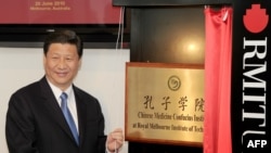 时为中国国家副主席的习近平在墨尔本皇家理工大学为澳大利亚的第一所中医孔子学院揭牌。(2010年6月20日)