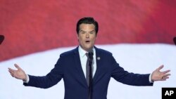 FILE— Matt Gaetz berpidato di Konvensi Nasional Partai Republik di Milwaukee, Rabu, 17 Juli 2024. Pada Kamis, 21 November 2024, mantan anggota kongres Florida tersebut mengundurkan diri sebagai calon jaksa agung pilihan Presiden terpilih Donald Trump. (J. Scott Applewhite/AP)