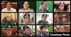 ឧត្តមសេនីយ៍ទុច្ចរិតទាំង១២របស់កម្ពុជា។ ជួរលើពីឆ្វេងទៅស្តាំ៖ នាយឧត្តមសេនីយ៍ គន់ គីម អគ្គមេបញ្ជាការរងកងយោធពលខេមរភូមិន្ទ និងនាយសេនាធិការចម្រុះនៃកងយោធពលខេមរភូមិន្ទ។ នាយឧត្តមសេនីយ៍ ម៉ក់ ជីតូ ជាអគ្គស្នងការរងនៃនគរបាលជាតិ។ នាយឧត្តមសេនីយ៍ នេត សាវឿន អគ្គស្នងការនគរបាលជាតិ។ នាយឧត្តមសេនីយ៍ ប៉ុល សារឿន អគ្គមេបញ្ជាការកងយុទ្ធពលខេមរភូមិន្ទ។ ជួរកណ្តាលពីឆ្វេងទៅស្តាំ៖ នាយឧត្តមសេនីយ៍ សៅ សុខា មេបញ្ជាការកងរាជអាវុធហត្ថលើផ្ទៃប្រទេស និងជាអគ្គមេបញ្ជាការរងកងយោធពលខេមរភូមិន្ទ។ នាយឧត្តមសេនីយ៍ សុខ ផល អគ្គនាយកនៃអគ្គនាយកដ្ឋានអន្តោប្រវេសន៍។ ឧត្តមសេនីយ៍ឯក ប៊ុន សេង មេបញ្ជាការរងកងទ័ពជើងគោក និងជាមេបញ្ជាការយោធភូមិភាគទី៥។ ឧត្តមសេនីយ៍ឯក ចាប ភក្តី នាយរងសេនាធិការចម្រុះ និងជាមេបញ្ជាការកងពលតូចទ័ពពិសេសឆ័ត្រយោង៩១១។ ជួរក្រោមពីឆ្វេងទៅស្តាំ៖ ឧត្តម​សេនីយ៍​ឯក ជឿន សុវណ្ណថា មេ​បញ្ជាការ​រង​កង​ទ័ព​ជើង​គោក​ និង​ជា​មេបញ្ជាការ​យោធភូមិភាគ​ទី​២។ ឧត្តមសេនីយ៍ឯក រ័ត្ន ស្រ៊ាង មេបញ្ជាការរងកងរាជអាវុធហត្ថលើផ្ទៃប្រទេស និងជាមេបញ្ជាការកងរាជអាវុធហត្ថរាជធានីភ្នំពេញ។ នាយឧត្តមសេនីយ៍ ជួន សុវណ្ណ អគ្គស្នងការរងនគរបាលជាតិ និងជាស្នងការនគរបាលរាជធានីភ្នំពេញ។ ឧត្តមសេនីយ៍ឯក ជា ម៉ន មេបញ្ជាការរងកងទ័ពជើងគោក និងមេបញ្ជាការយោធភូមិភាគទី៤។ (អង្គការឃ្លាំមើលសិទ្ធិមនុស្ស Human Rights Watch)