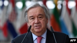 FILE - In this file photo taken on June 24, 2021, Secretary-General of the United Nations Antonio Guterres addresses media representatives in Brussels.