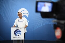 Direktur Jenderal Aplikasi Informatika (Aptika) Kementerian Kominfo, Semuel A. Pangerapan, memberikan keterangan saat Konferensi Pers Penyelenggara Sistem Elektronik (PSE) Lingkup Privat, dari Kantor Kementerian Kominfo, Jakarta, Senin (24/5/2021). (DRA/k