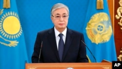 FILE - In this image taken from video released by Kazakhstan's Presidential Press Service, Kazakhstan's President Kassym-Jomart Tokayev speaks during his televised statement to the nation in Nur-Sultan, Kazakhstan, Jan. 7, 2022.