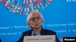 国际货币基金组织总裁拉加德在印度尼西亚巴厘岛该组织与世界银行的年度会议上讲话。（2018年10月11日）