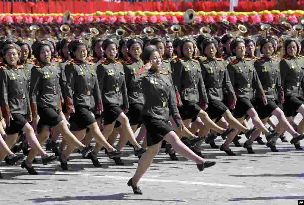 North Korean soldiers march during a parade for the 70th anniversary of North Korea's founding day in Pyongyang, North Korea, Sunday, Sept. 9, 2018. North Korea staged a major military parade, huge rallies and will revive its iconic mass games on Sunday to mark its 70th anniversary as a nation.