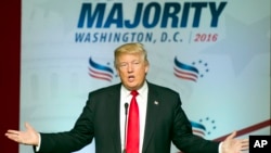 被推测为共和党总统候选人的唐纳德·川普在华盛顿市发表竞选演说（2016年6月10日）