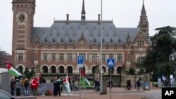 支持巴勒斯坦与支持以色列的示威者在荷兰海牙的国际法院外举行抗议活动。（2024年2月21日）