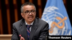 Direktur Jenderal Organisasi Kesehatan Dunia Tedros Adhanom Ghebreyesus menghadiri konferensi pers di Jenewa. (Foto: Reuters)