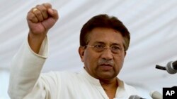 FILE - Pakistan's former President and military ruler Pervez Musharraf addresses his party supporters at his house in Islamabad, April 15, 2013.