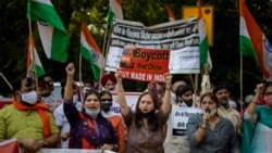 Indian protestors under the banner of Bharat Tibet Sahyog Manch (BTSM), a Hindu rightwing organization shout anti-China slogans near Chinese embassy in New Delhi, Oct. 20, 2020.