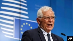 European Union foreign policy chief Josep Borrell addresses a media conference at the European Council building in Brussels, Belgium, April 19, 2021.