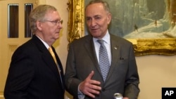 2016年4月13日，当时的国会参议院多数党领袖米奇·麦康奈尔和时任参议院少数党领袖的查克·舒默在国会大厦内交谈。