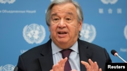 FILE - United Nations Secretary-General Antonio Guterres speaks during a news conference at U.N. headquarters in New York City, New York, U.S., Nov. 20, 2020.