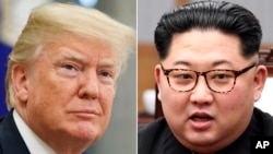 FILE- In this combination of file photos, U.S. President Donald Trump, left, in the Oval Office of the White House in Washington, May 16, 2018, and North Korean leader Kim Jong Un in a meeting in Panmunjom, South Korea, April 27, 2018.