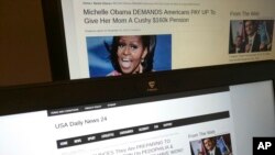 Layar yang menampilkan berita-berita dari USA Daily News 24, sebuah situs berita palsu yang terdaftar di Veles, Makedonia.