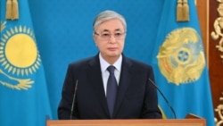 Kazakh President Kassym-Jomart Tokayev speaks during a televised address to the nation following the protests triggered by fuel price increase in Nur-Sultan, Kazakhstan, Jan. 7, 2022.