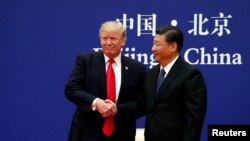 U.S. President Donald Trump and China's President Xi Jinping meet business leaders at the Great Hall of the People in Beijing, Nov. 9, 2017.